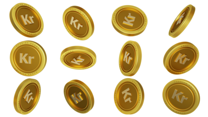 3D rendering of set of abstract golden Swedish krona coins concept in different angles. krona sign on golden coin isolated over  transparent background