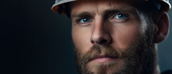 Obraz premium Close-up portrait of a man's face. he is wearing a white hard hat with a yellow visor. the man has a beard and mustache and is looking directly at the camera with a serious expression.
