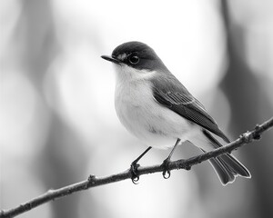 Obraz premium A monochrome image of a bird perched on a branch, showcasing its delicate features.