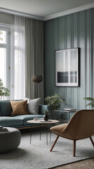 Fototapeta premium Relaxing Scandinavian lounge featuring a neutral gray sofa contemporary decor and expansive windows that let in plenty of natural light Modern Interior Design Inspiration