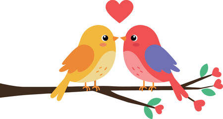 Two colorful birds sharing a romantic moment in flat vector art