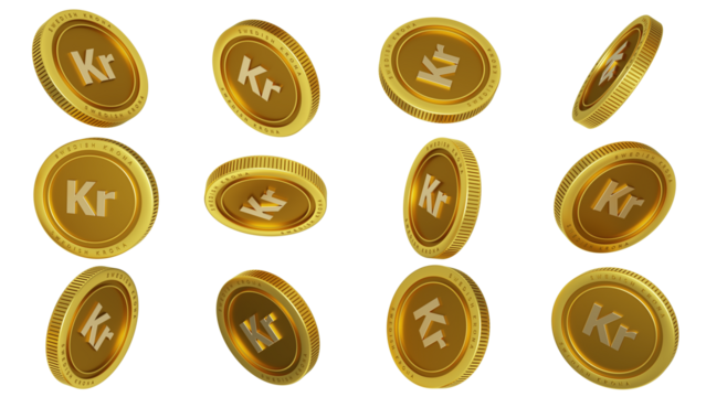 3D rendering of set of abstract golden Swedish krona coins concept in different angles. krona sign on golden coin isolated over  transparent background