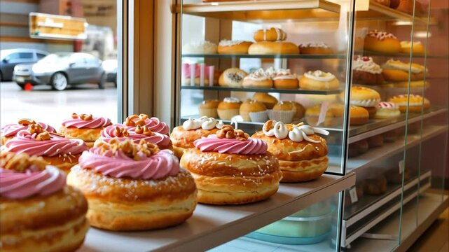 A showcase filled with various colorful donuts, featuring toppings like frosting and nuts, displayed attractively.