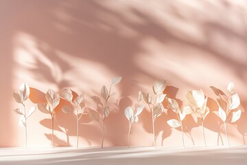 Delicate plant silhouettes rise softly from a warm gradient backdrop, illuminated by dreamlike lighting that enhances their luxurious, abstract beauty in a refined setting