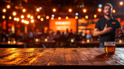 bartender presenting drink in lively bar setting with warm lighting