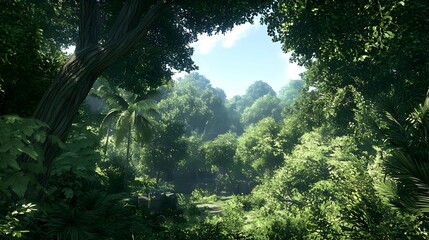 Fototapeta premium Lush Green Forest Canopy With Sunlight