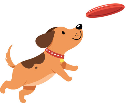 Playful dog chasing a frisbee in flat vector art style