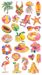 PNG Vibrant tropical summer illustrations., element set on transparent background