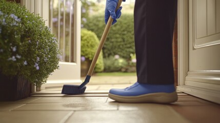 Fototapeta premium A person is sweeping the floor with a broom
