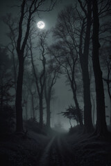 Fototapeta premium Full moon shining over a dirt road in a dark and foggy forest