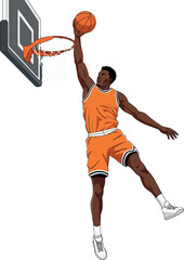 Basketball player performing a slam dunk in flat vector art