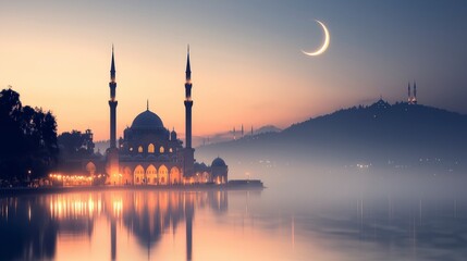 Fototapeta premium Serene Mosque at Dusk Crescent Moon Water Reflection Islamic Architecture