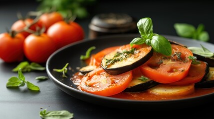 A vibrant plate of Ratatouille with layered tomatoes, eggplant, and zucchini, garnished with fresh herbs. Perfect for food photography, vegetarian cuisine promotions, and healthy eating ads