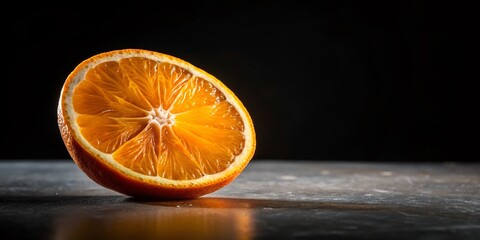 Juicy Orange Slice on Black Background - Vibrant Citrus Fruit Photography