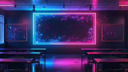 An empty classroom with neon lights, blackboards, and desks and chairs.