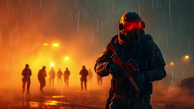 Futuristic soldier in battle under the rain. Seamless looping time lapse animation video background  

