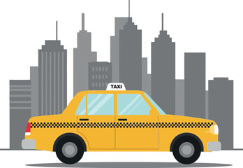 Naklejka premium Yellow taxi cab driving through a city skyline in flat vector art