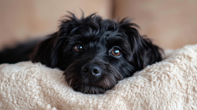 Adorable black dog relaxing on a plush cushion