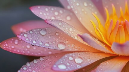 Fototapeta premium Close-Up of Dew Drops on Vibrant Lotus Petal with Intricate Texture