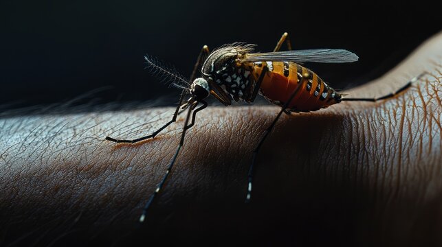 A human arm with an Aedes aegypti mosquito perched on the skin, its wings glistening under the light 