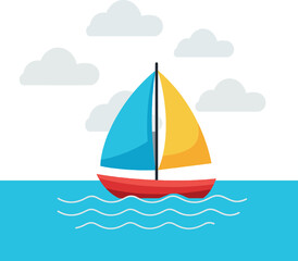 Fototapeta premium Colorful sailboat on water with clouds in flat vector illustration