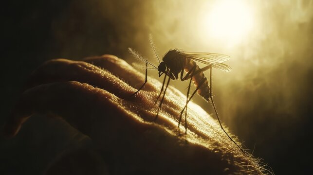 A human arm with an Aedes aegypti mosquito perched on the skin, its wings glistening under the light 