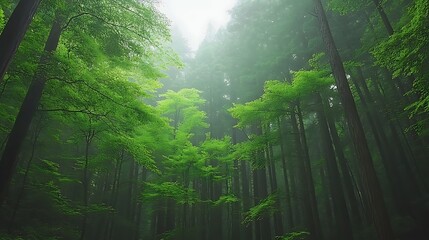 Obraz premium Enchanting Forest Canopy: A Serene View of Lush Green Trees in Fog