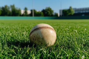 Close-Up of a Vintage Baseball on Fresh Green Grass in Bright Outdoor Baseball Field