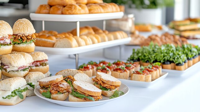 Assorted sandwiches and pastries neatly arranged on a buffet table for a catering event or social gathering.