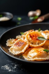 A plate of perfectly cooked ravioli, elegantly garnished with fresh basil and a light drizzle of sauce. Ideal for fine dining menus, Italian cuisine advertisements, or food photography.
