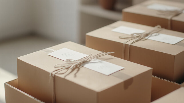 Packages wrapped with twine on white surface.
