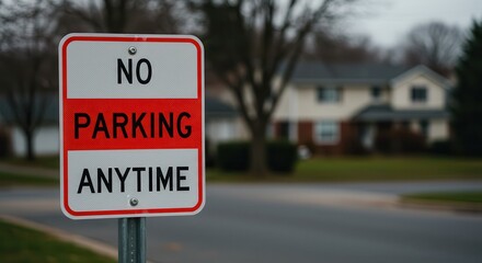 No Parking Anytime Sign on Street in Suburban Neighborhood Setting