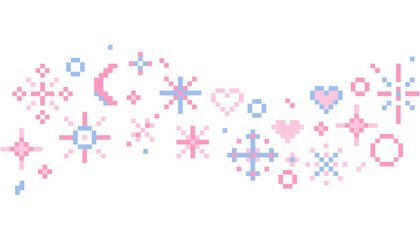 Pixel star sparkle cute retro 8 bit sparkle wave seamless border. Shiny pink game pixel art effect decoration. Firework burst, arrow, space decoration. 90s aesthetics, y2k 