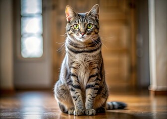 Grey striped feline, strikingly captured in a panoramic indoor portrait.