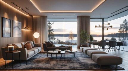 Fototapeta premium Tranquil Scandinavian inspired lounge with gray neutral couch sleek design and expansive windows letting in natural light for a relaxed ambiance Modern Interior Design Inspiration