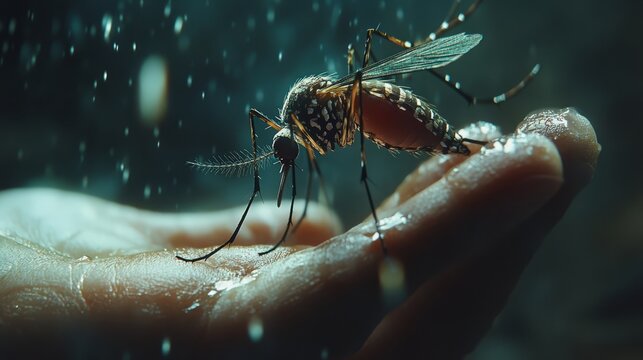 An Aedes aegypti mosquito hovering over a human hand, preparing to bite, with the Zika virus vector highlighted