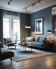Fototapeta premium Tranquil Scandinavian lounge with a gray sofa modern design accents and large windows offering natural daylight and a peaceful inviting feel Modern Interior Design Inspiration