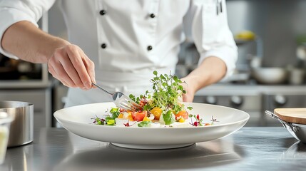 Chef garnishing a colorful dish with fresh herbs in a professional kitchen, showcasing culinary artistry and precision.