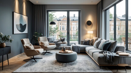 Fototapeta premium Tranquil Scandinavian lounge with gray sofa modern minimalist decor and wide windows bringing in sunlight to illuminate the space with warmth Modern Interior Design Inspiration