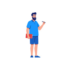 Man Holding Book and Pen Standing Illustration on White Background