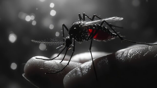 An Aedes aegypti mosquito hovering over a human hand, preparing to bite, with the Zika virus vector highlighted