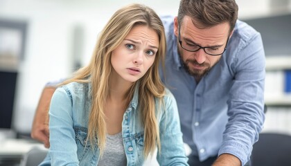 Fototapeta premium Uncomfortable Encounter Woman s Visible Distress as Man Invades Personal Space at Work