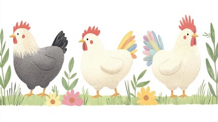 Fototapeta premium Charming Hens Stroll Garden Path Farm Animals Colorful Feathers Rural Scene