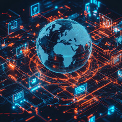 Glowing globe with digital icons showcasing generative AI and global data exchange