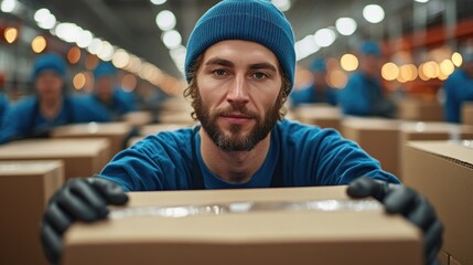 Fototapeta premium Focused Warehouse Worker Amidst Cardboard Boxes