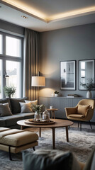 Fototapeta premium Clean Scandinavian lounge with modern gray sofa minimalist design and large windows allowing sunlight to fill the space and brighten the room Modern Interior Design Inspiration
