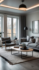 Fototapeta premium Comfortable Scandinavian inspired lounge with a neutral gray couch contemporary design elements and wide windows that fill the space with light and serenity Modern Interior Design Inspiration