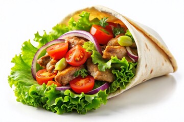 Levitation Food Photography: Delicious Shawarma in Pita Bread with Meat and Tomatoes
