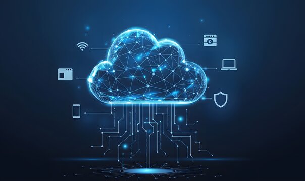 Abstract Cloud Computing Network Digital Technology Global Data Secure Server Innovation Modern Technology Information Technology Digital Transformation Cybersecurity Internet Connection Wireless     