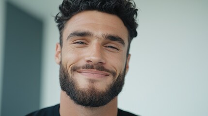 Obraz premium Smiling man with curly hair and beard in bright indoor space expressing joy and confidence during a casual moment